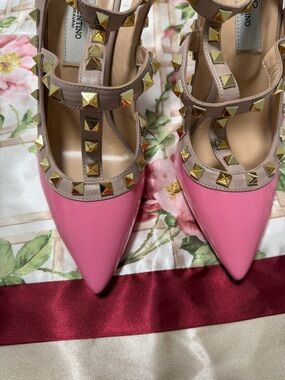 Valentino Pink Patent Rockstud T-Strap Pumps with Beige Straps